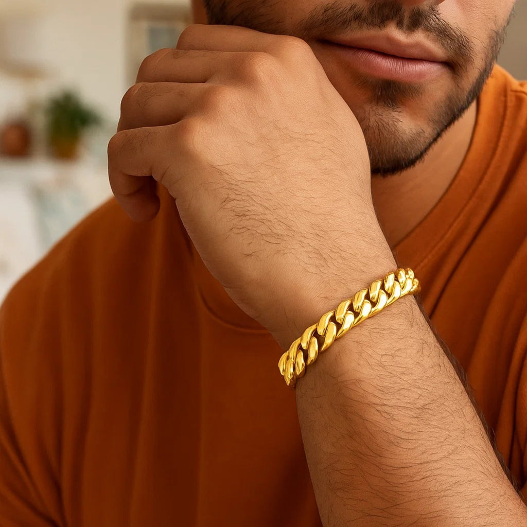 14k yellow gold semi-solid Miami Cuban bracelet featuring elegant round chain design, perfect for luxury styling.