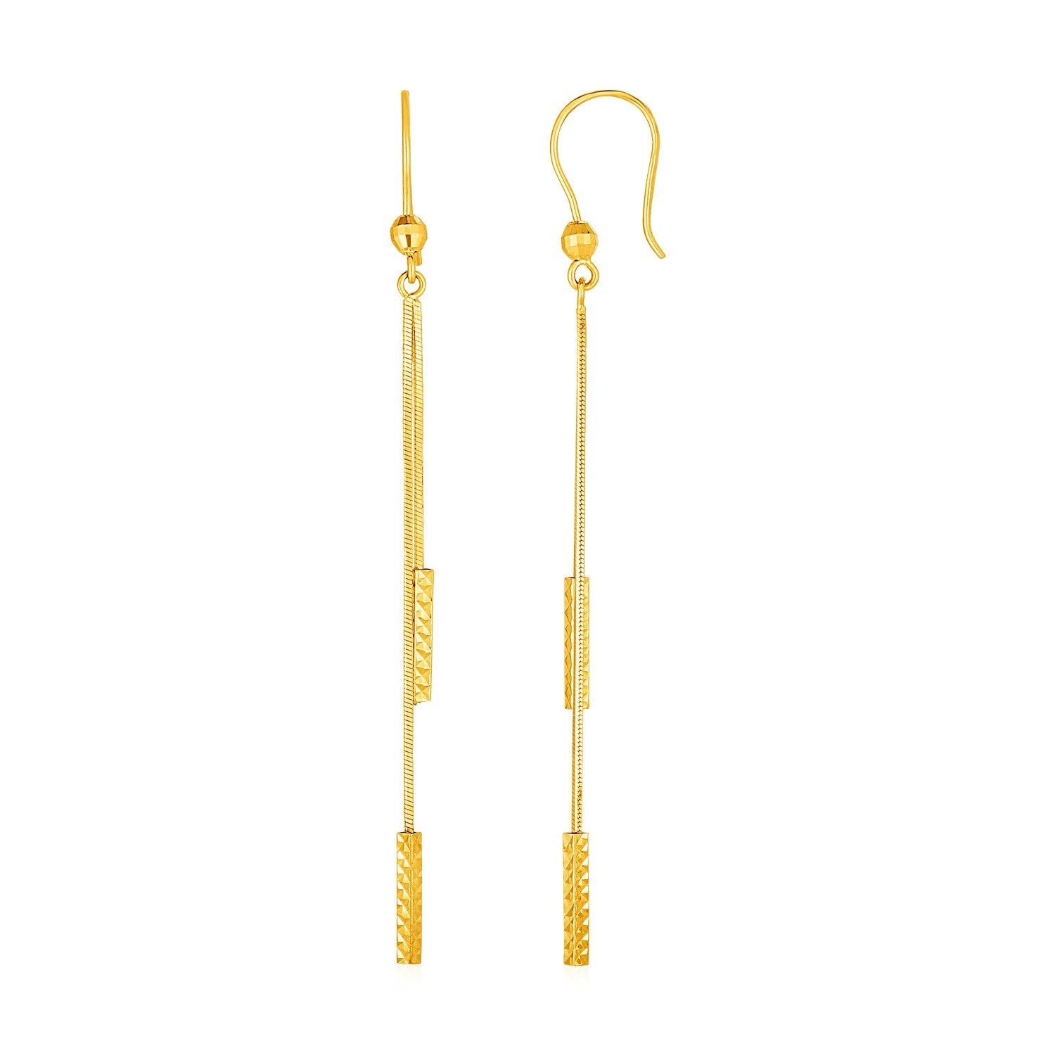 14k yellow gold textured bar drop earrings with modern design and elegant stud closure for a luxurious look.