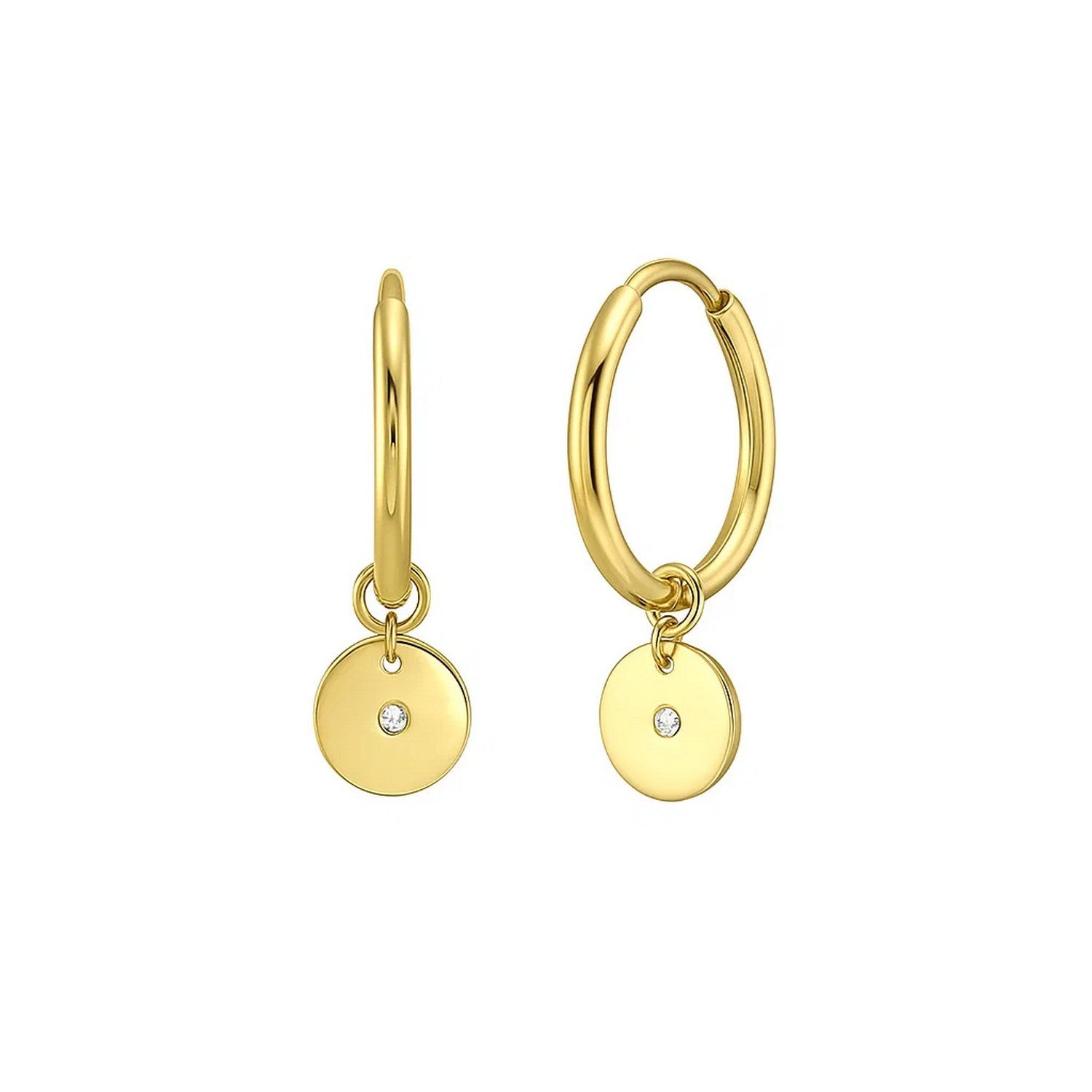 14k yellow gold hoop earrings featuring a modern design adorned with sparkling diamonds in a disc charm setting