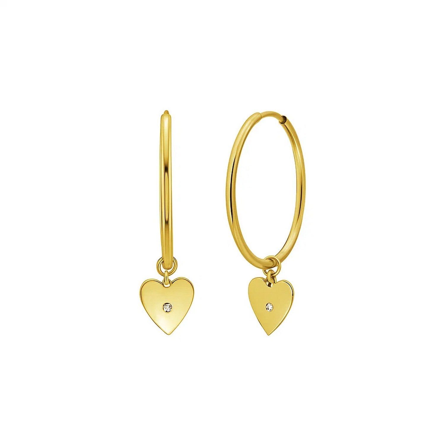 14k yellow gold hoop earrings featuring a delicate diamond heart charm for a contemporary, elegant look.