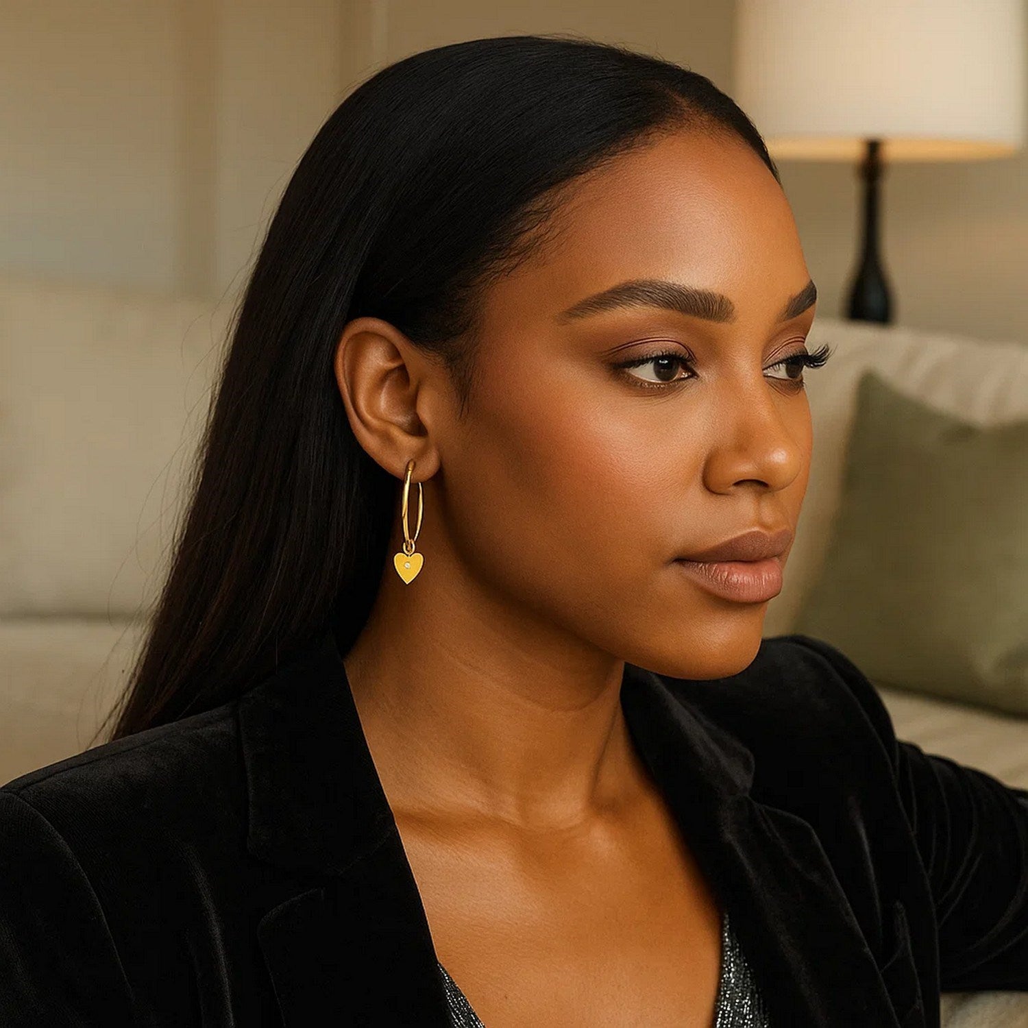 14k yellow gold hoop earrings featuring a delicate diamond heart charm for a contemporary, elegant look.