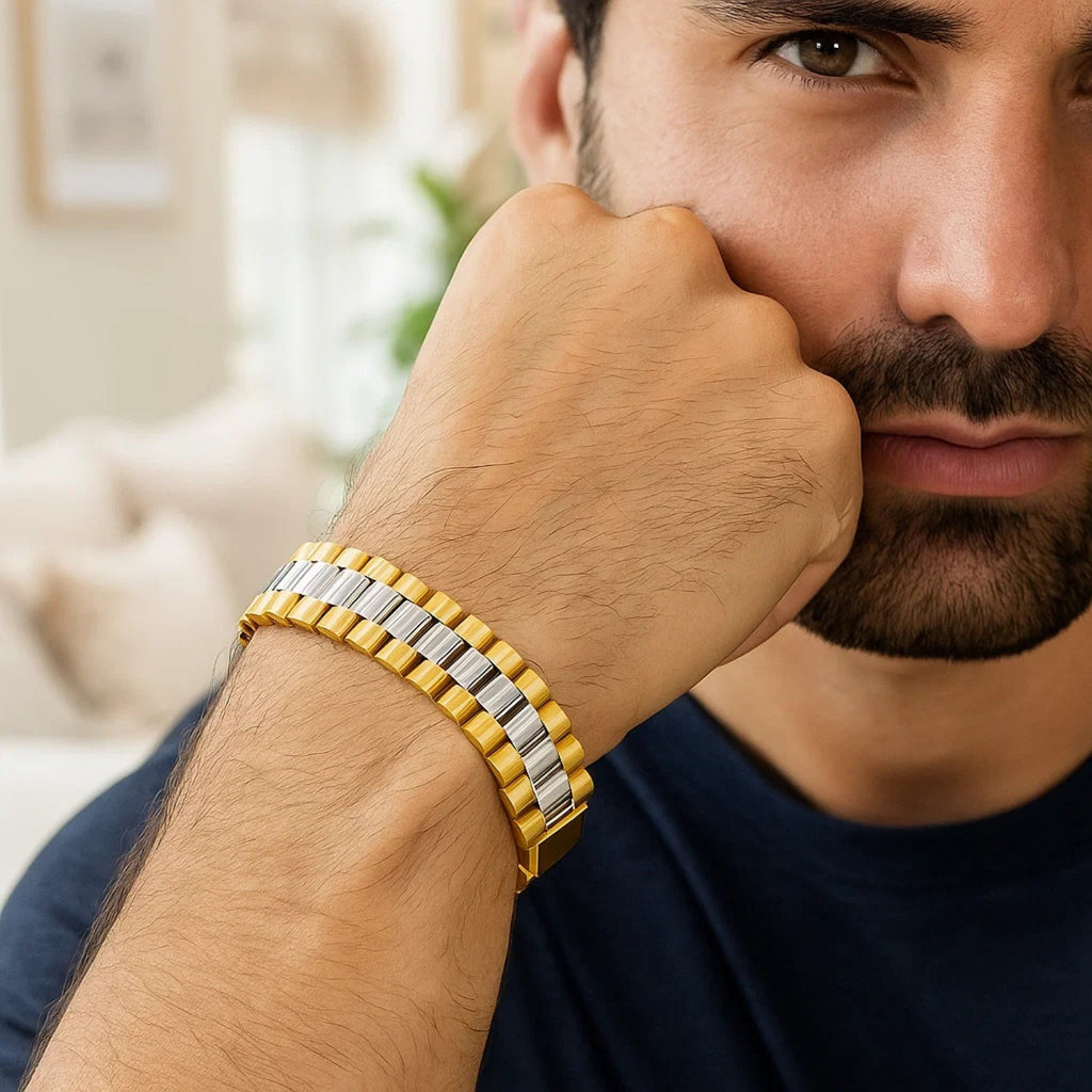 14k two-tone gold men's panther link bracelet, elegant design with bold links, perfect for sophisticated style.