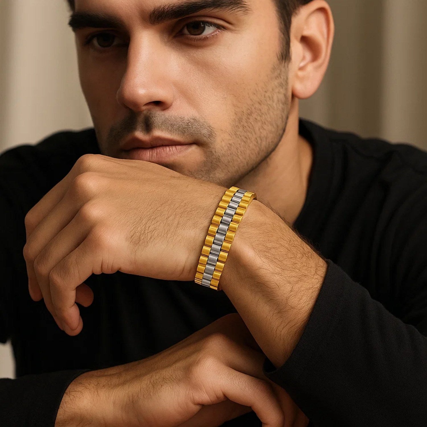 14k two-tone gold men's panther link bracelet, elegantly designed with bold links for a luxurious statement.