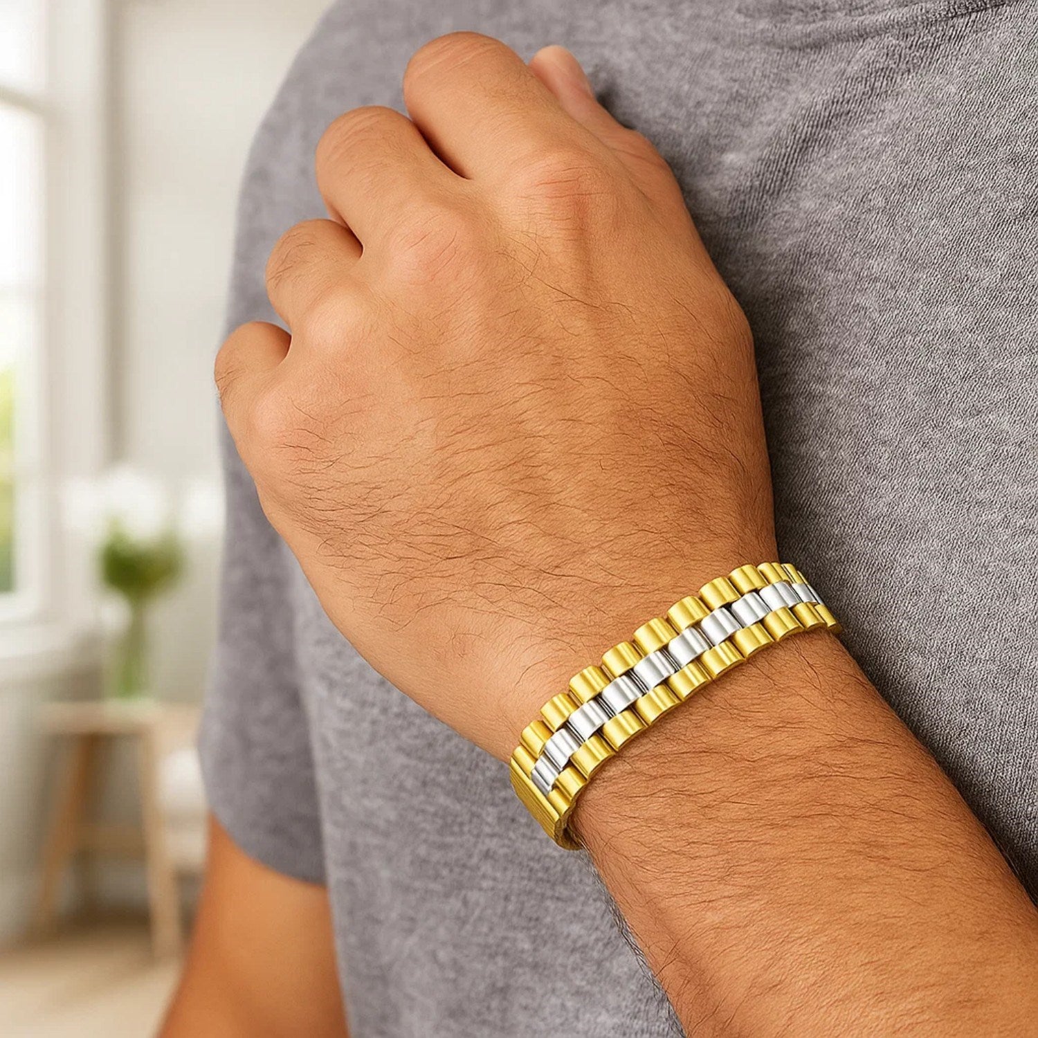 14k two-tone gold men's panther link bracelet, elegantly designed with bold links for a luxurious statement.