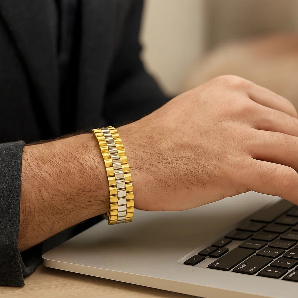 14k two-tone gold men's panther link bracelet, elegantly designed with bold links for a luxurious statement.