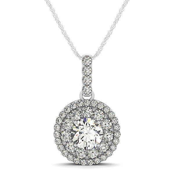 14k white gold diamond halo pendant necklace featuring a stunning round shape and elegant design, totaling 1 1/4 cttw.