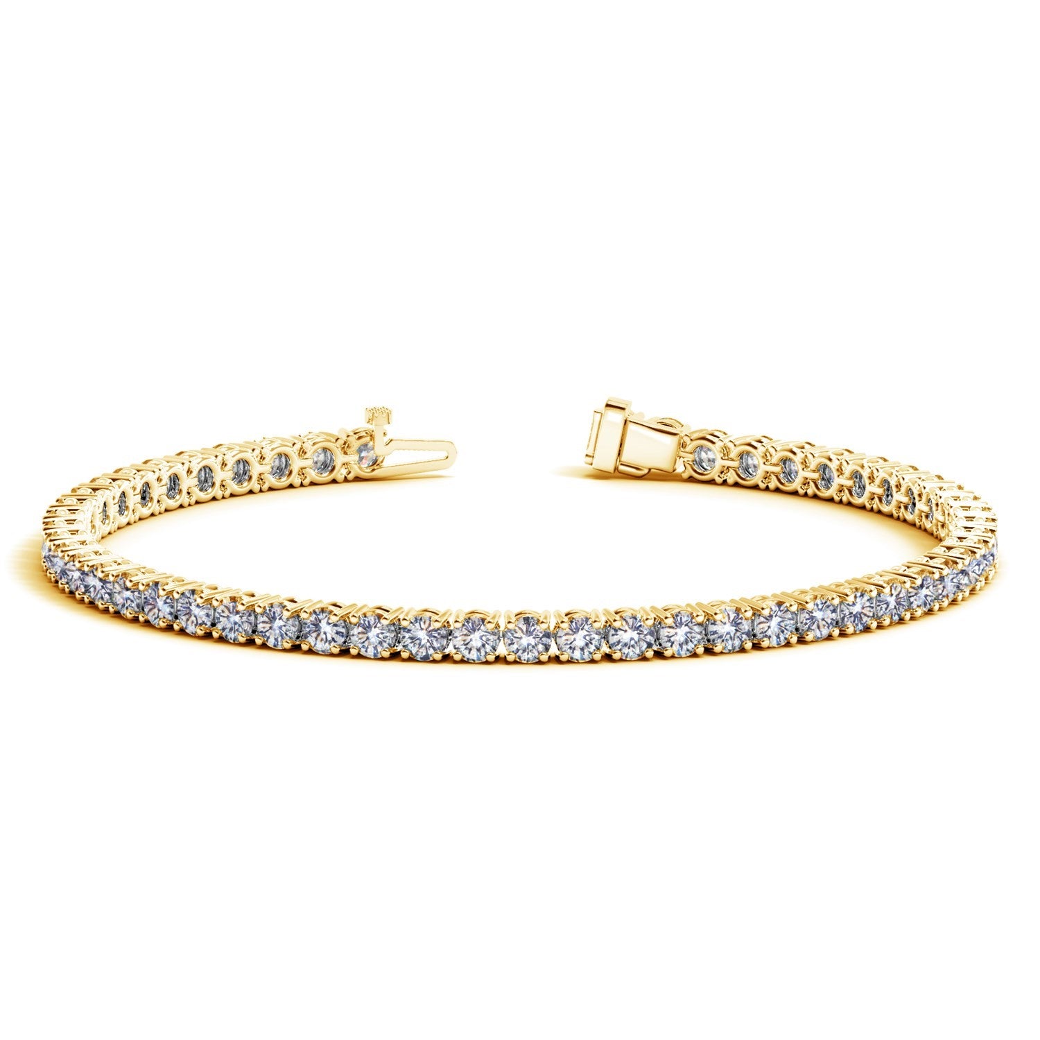 Lab grown round diamond tennis bracelet in 14k yellow gold, featuring elegant design and 6 cctw F/G VS2/SI1 diamonds.