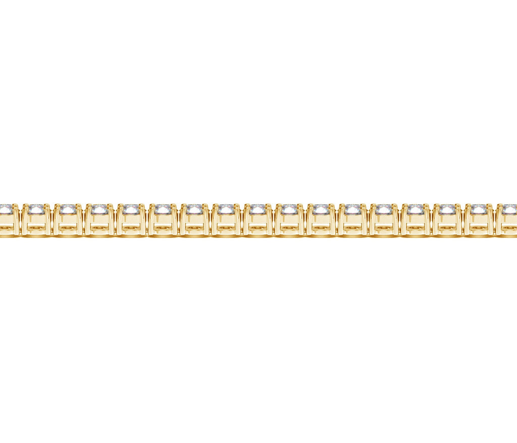 Lab grown round diamond tennis bracelet in 14k yellow gold, featuring elegant design and 6 cctw F/G VS2/SI1 diamonds.