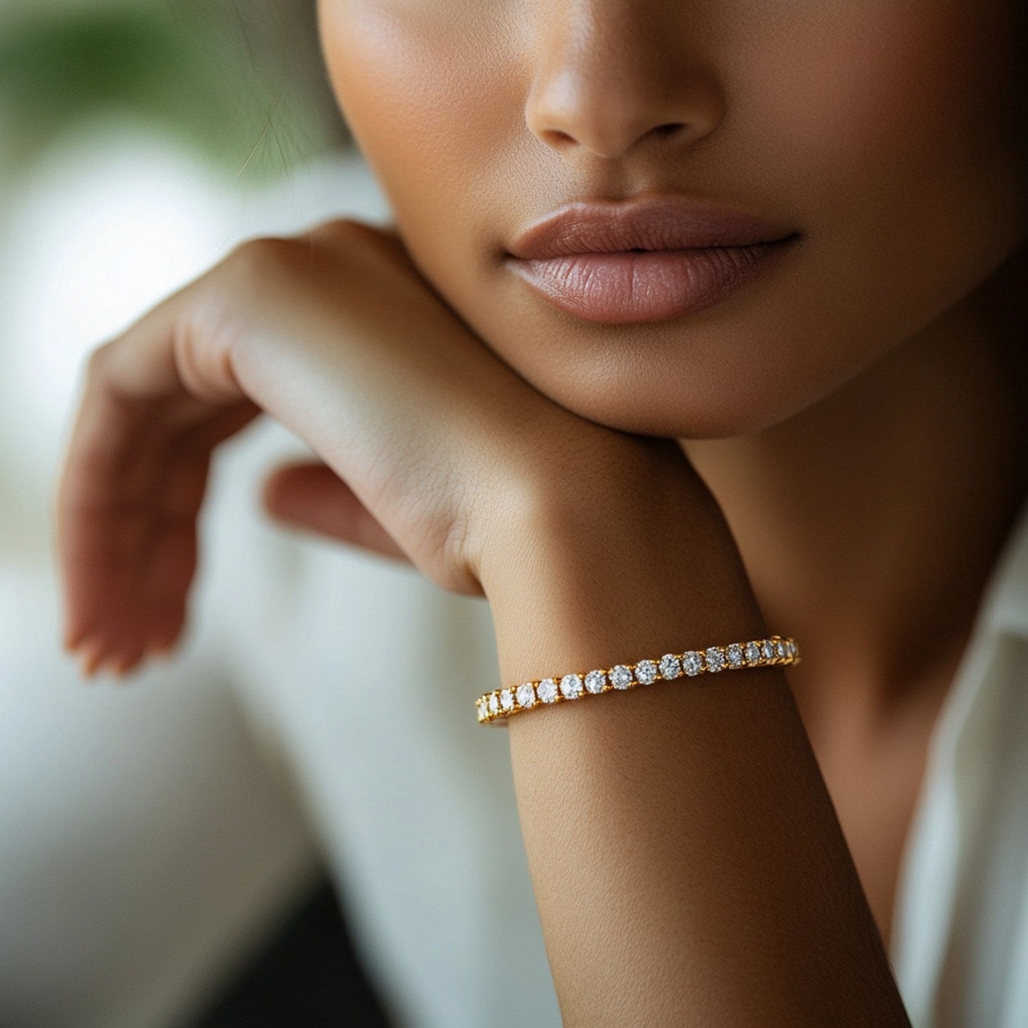 Lab grown round diamond tennis bracelet in 14k yellow gold, featuring elegant design and 6 cctw F/G VS2/SI1 diamonds.
