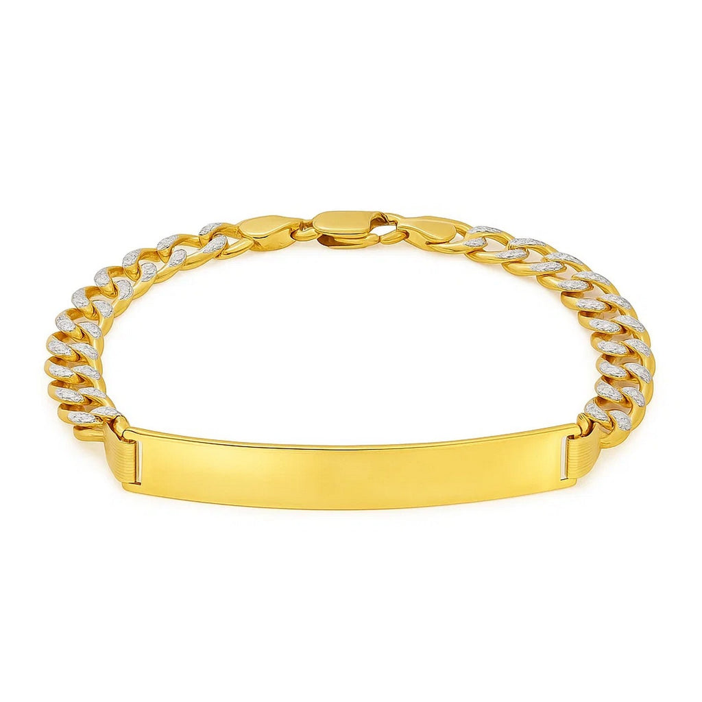 14k two-tone gold men's narrow curb chain ID bracelet with white pave accents, showcasing contemporary elegance.