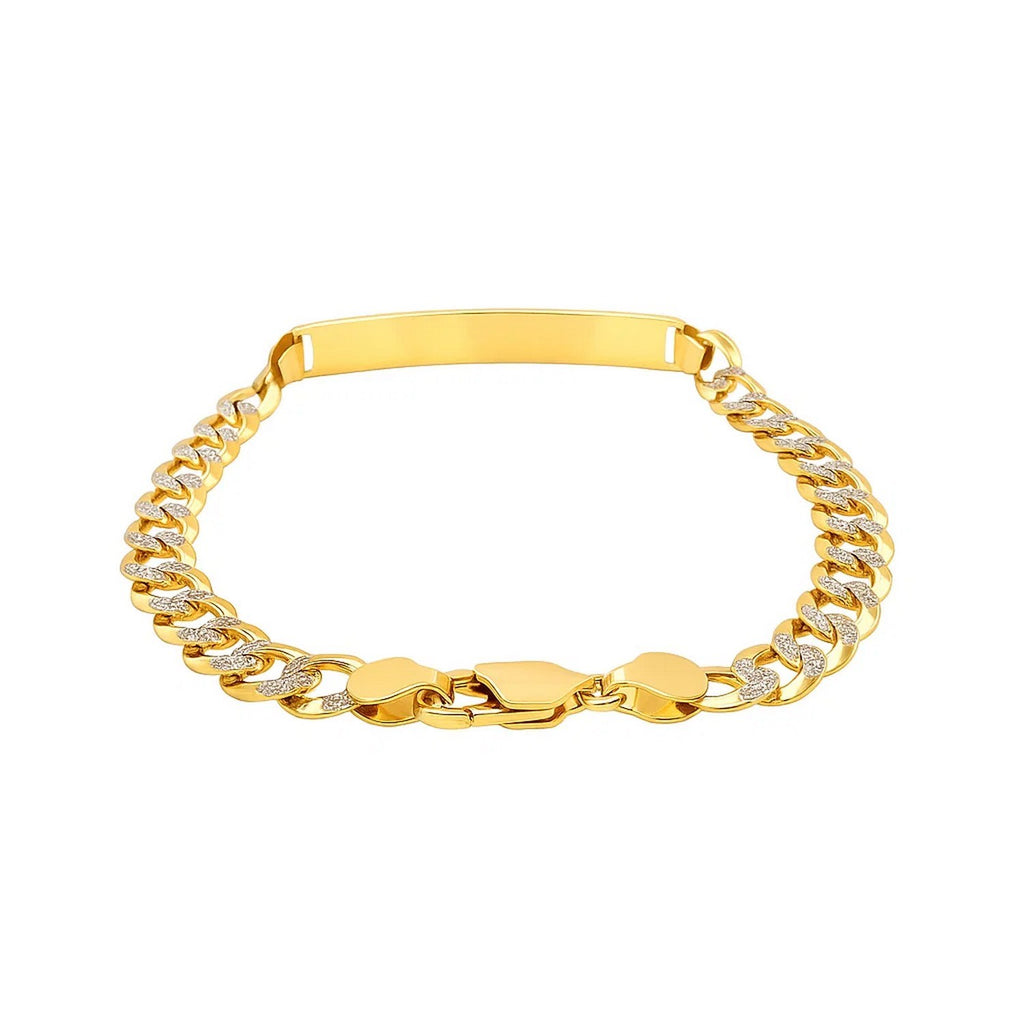 14k two-tone gold men's narrow curb chain ID bracelet featuring white pave accents, contemporary design, and luxurious fin...