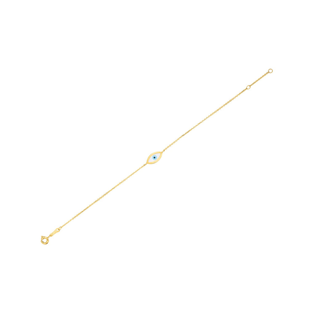 Elegant 14k yellow gold bracelet featuring a lustrous MOP evil eye design on a delicate chain.