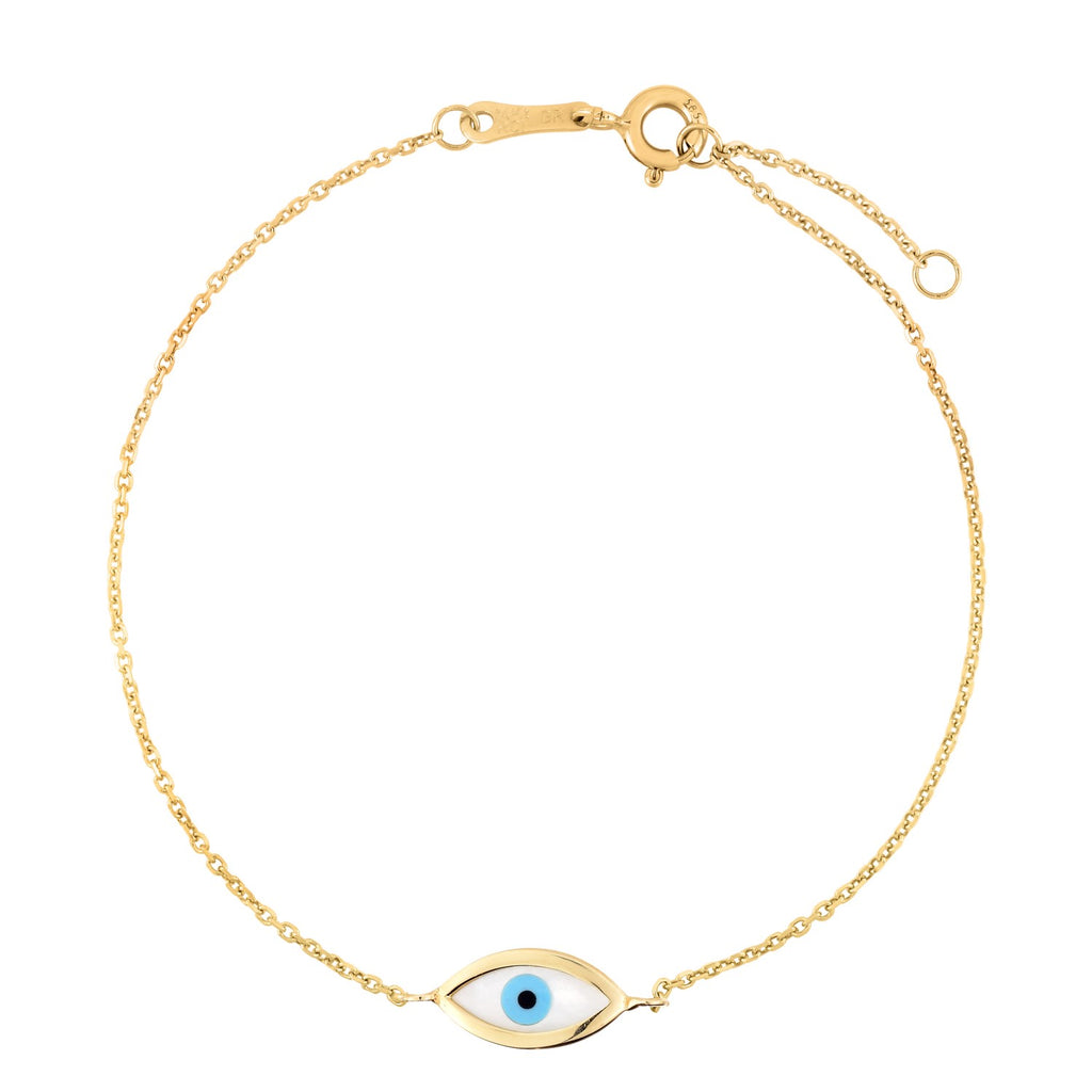 Elegant 14k yellow gold bracelet featuring a mother-of-pearl evil eye design on a delicate chain.