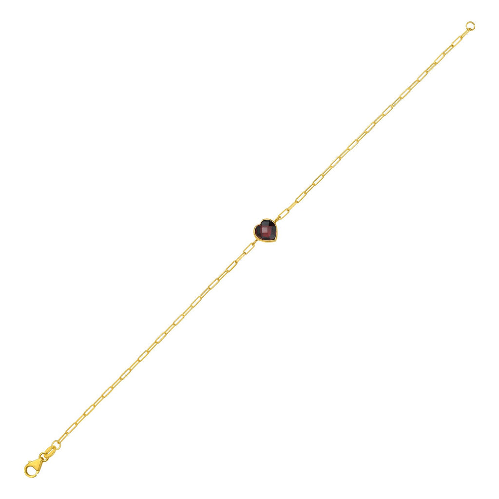 14k yellow gold bracelet featuring a heart design adorned with rich garnet stones for an elegant touch.
