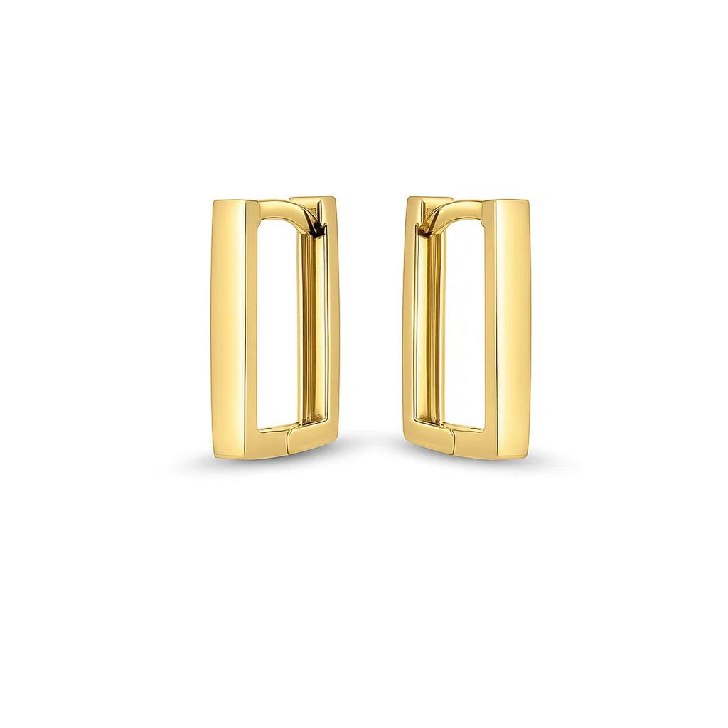 14k yellow gold polished hoop huggie earrings with a sleek modern design, perfect for elegant everyday wear.