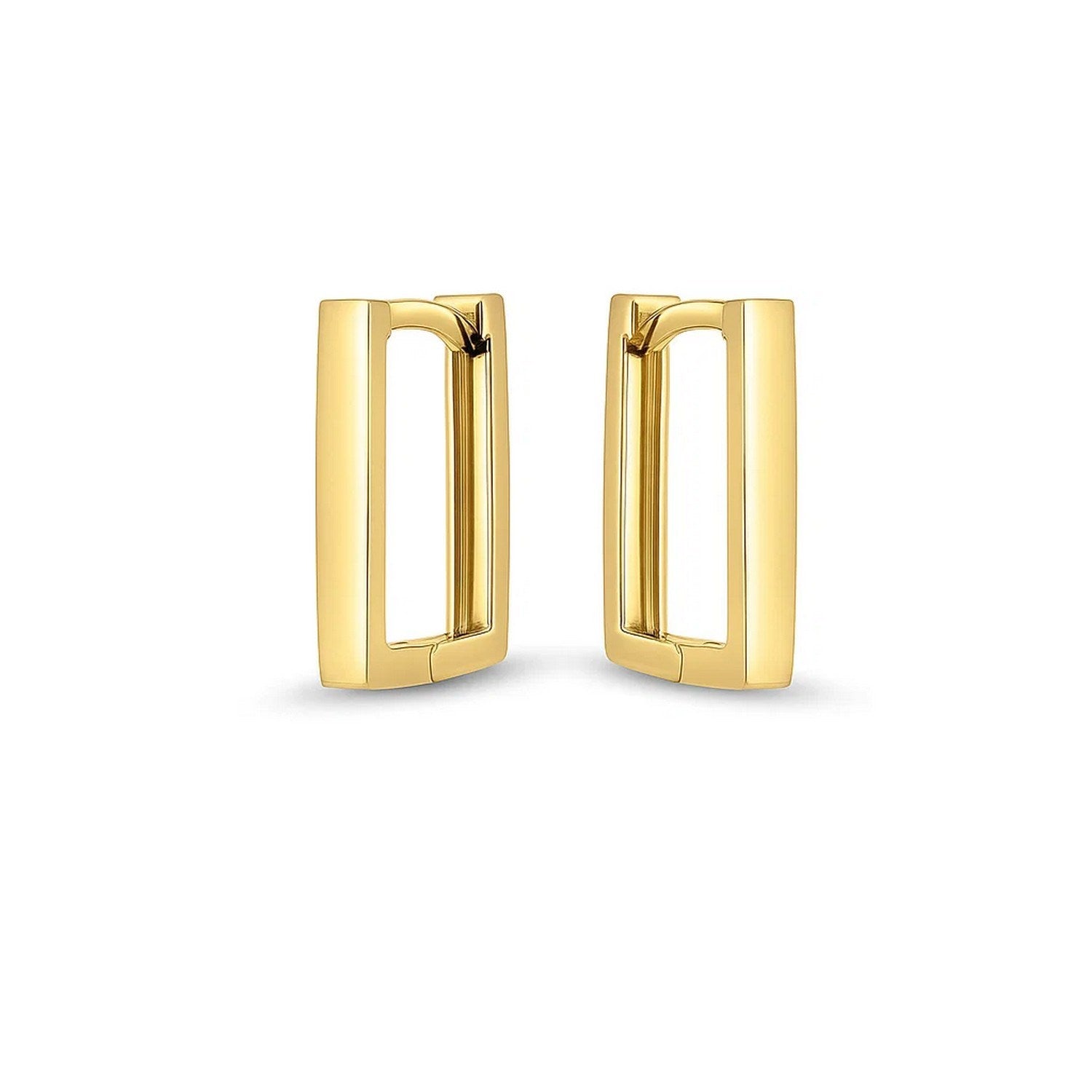 14k yellow gold polished hoop huggie earrings with a sleek modern design, perfect for elegant everyday wear.