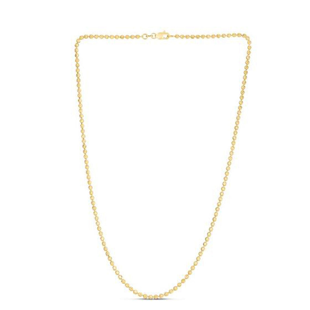 Modern 14k yellow gold moon cut bead chain, 2.50 mm, showcasing exquisite craftsmanship and luxurious shine.