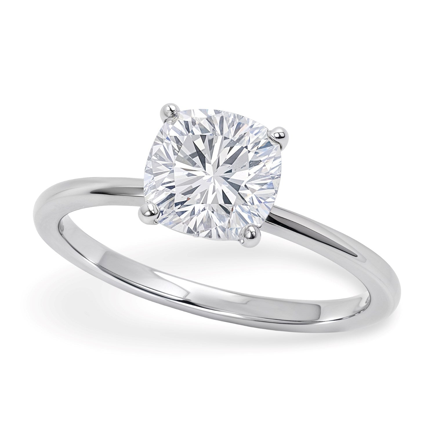 1 1/2 carat cushion cut lab-grown diamond solitaire ring in 10K white gold, showcasing modern elegance and timeless beauty.