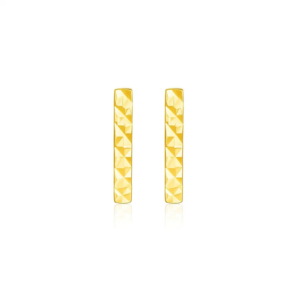 14k yellow gold textured bar drop earrings with modern design, perfect for elegant occasions and everyday luxury.