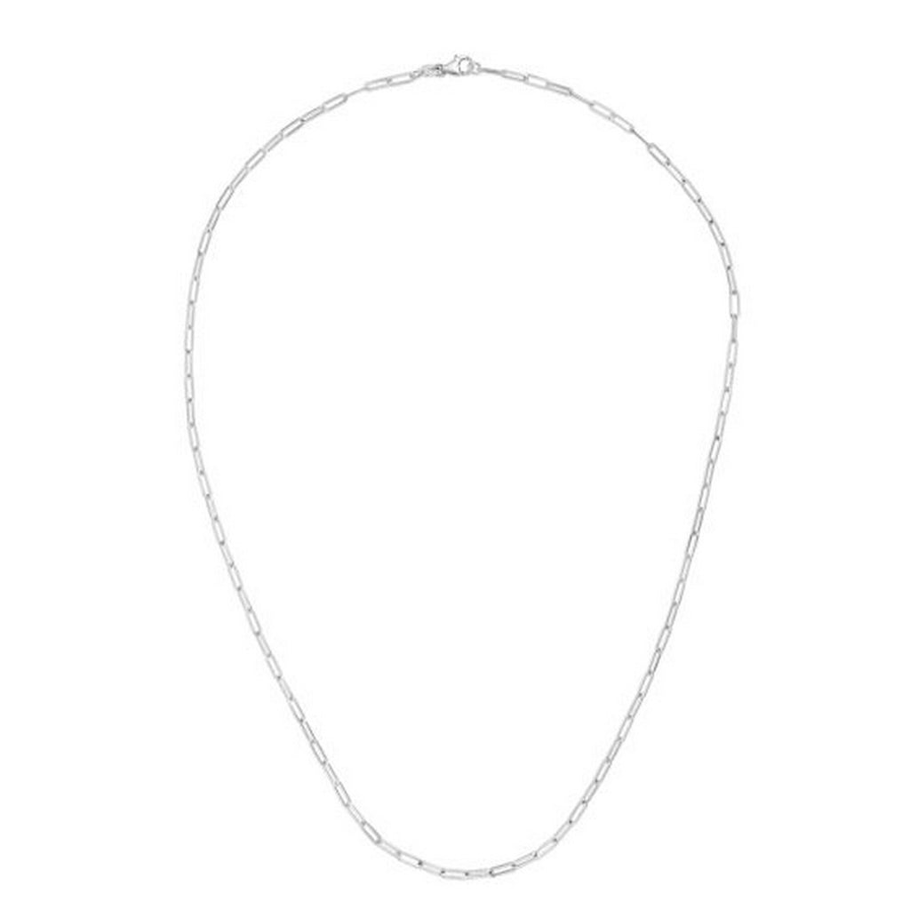 14K white gold delicate paperclip chain featuring a modern design, perfect for layering or standalone elegance.