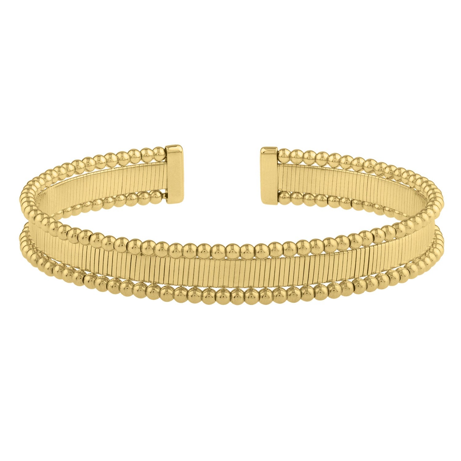 Smooth surface 14k yellow gold cuff bangle with modern design and elegant cushion cut detail.