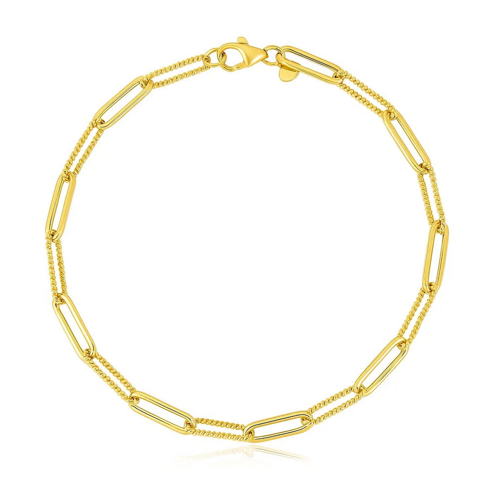 14k yellow gold high polish alternating bead paperclip bracelet, contemporary luxury design, 3.50 mm width.