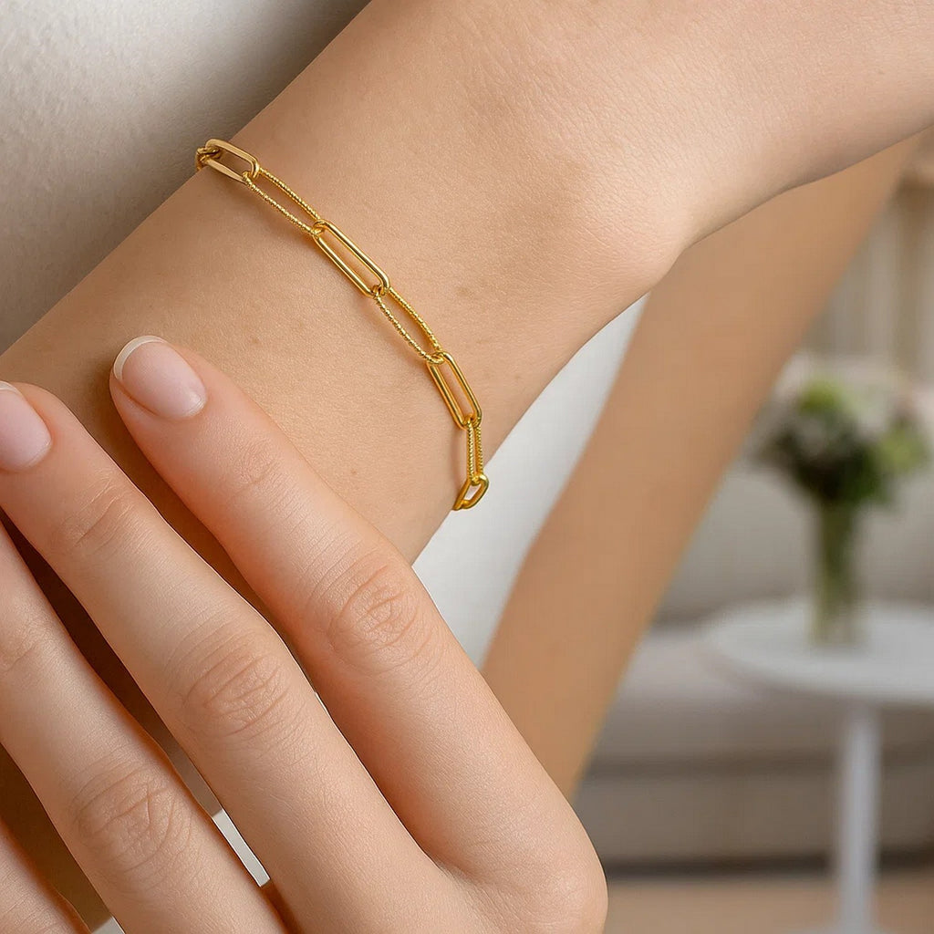 14k yellow gold high polish alternating bead paperclip bracelet, contemporary luxury design, 3.50 mm width.