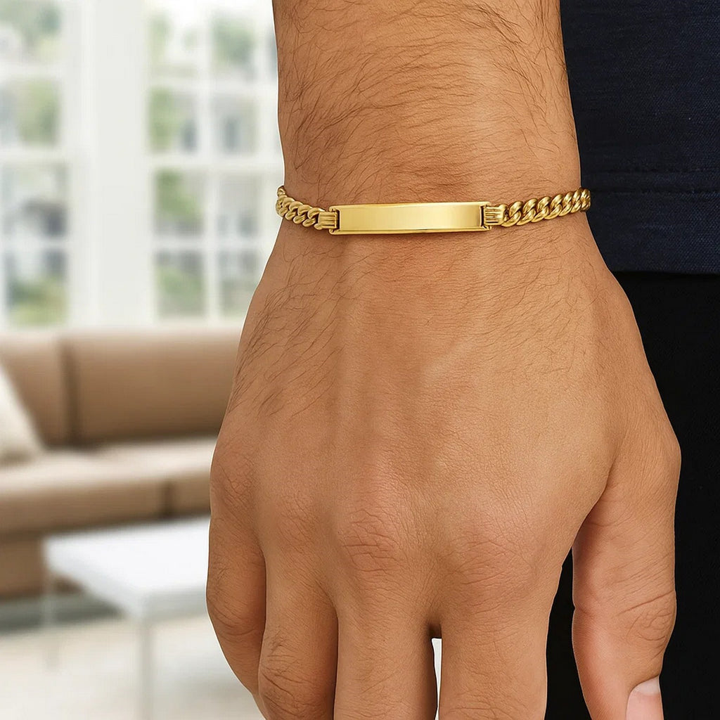 14k yellow gold Lite Cuban ID bracelet featuring modern link design, perfect for luxury jewelry enthusiasts.