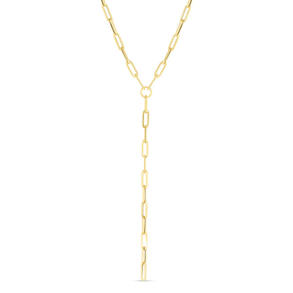 14k yellow gold paperclip chain lariat necklace featuring modern link design for a chic, elegant look.
