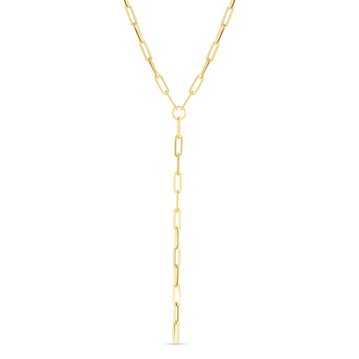 14k yellow gold paperclip chain lariat necklace featuring modern link design for a chic, elegant look.