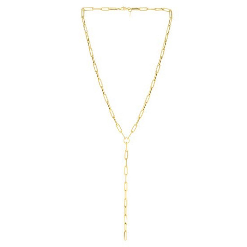 14k yellow gold modern paperclip chain lariat necklace with elegant link design, perfect for layering or standalone wear.
