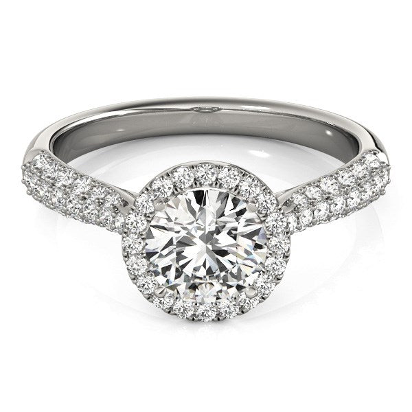 14k white gold halo diamond engagement ring with pave band, showcasing exquisite brilliance and elegant design.
