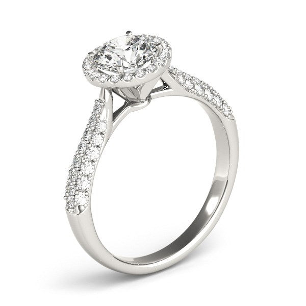 Elegant 14k white gold halo diamond engagement ring with pave band, showcasing 1 1/3 cttw of sparkling diamonds.