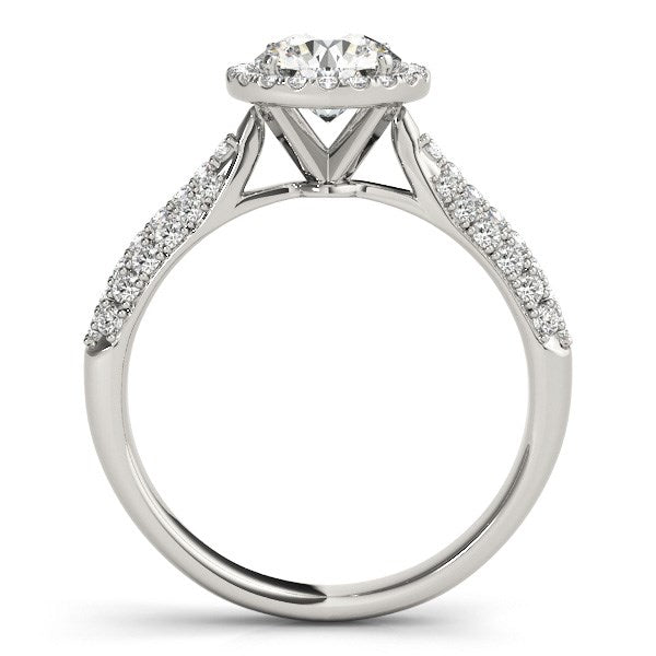 14k white gold halo diamond engagement ring with pave band, showcasing exquisite brilliance and elegant design.