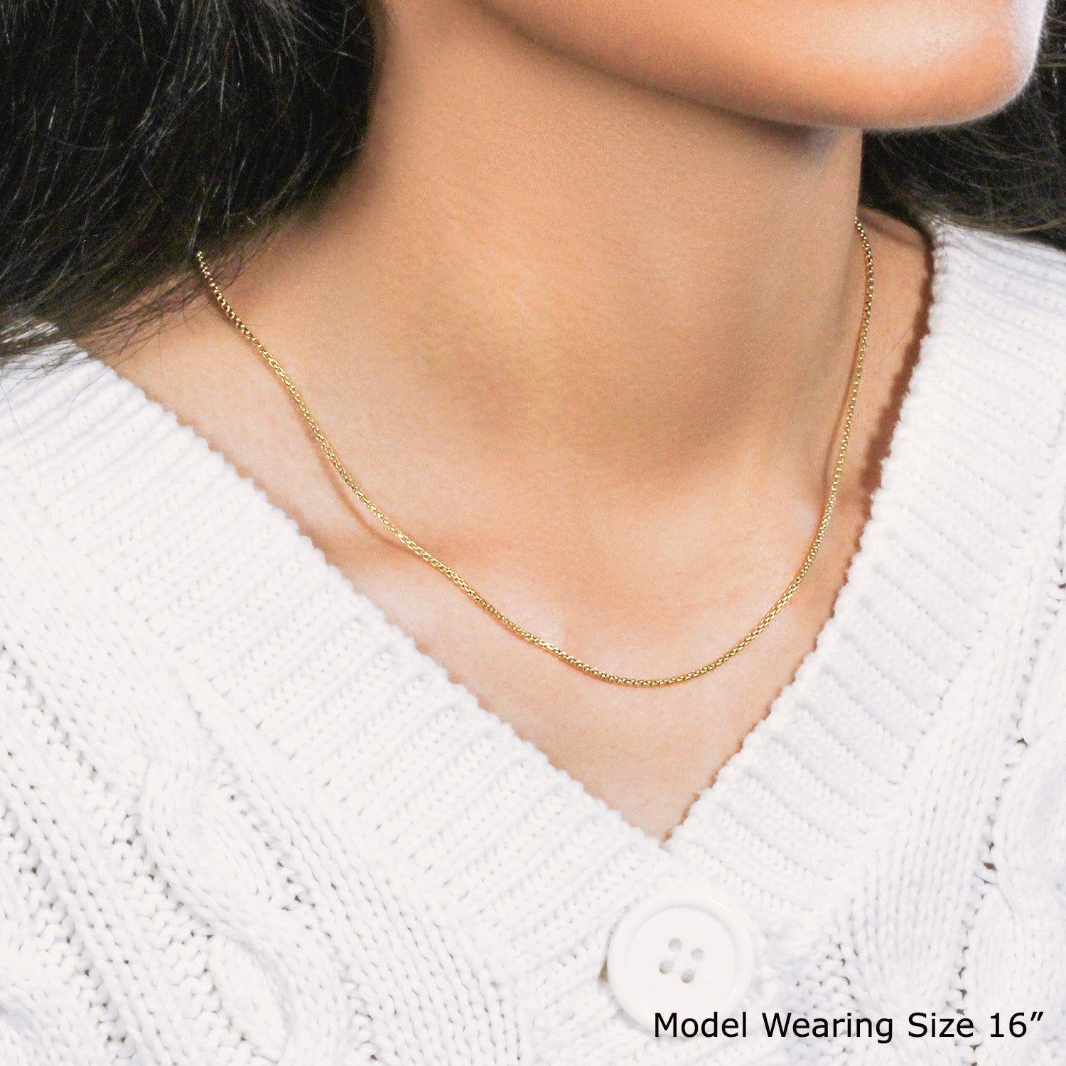 14k yellow gold round box chain, 1.3 mm, classic design with a smooth finish, perfect for layering or solo wear.
