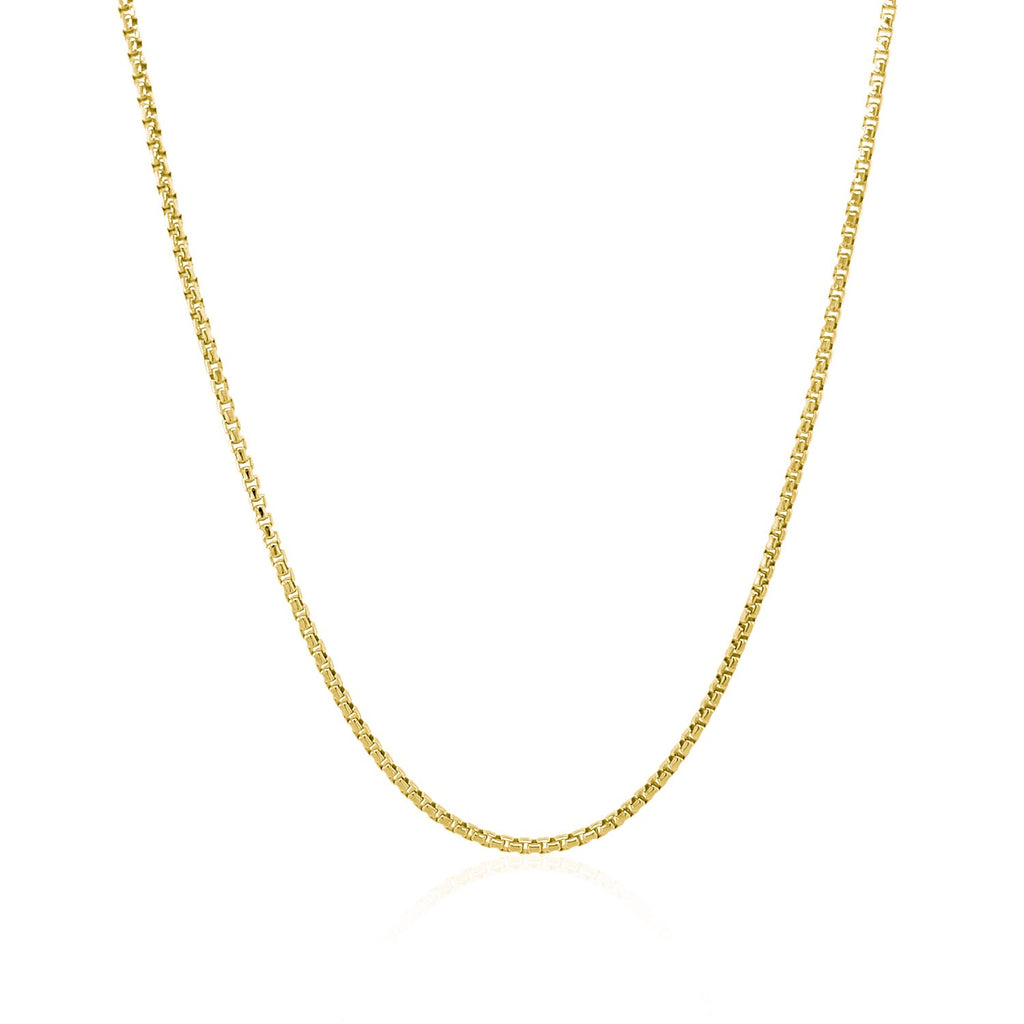 14k yellow gold round box chain, 1.3 mm, classic design with a smooth finish, perfect for layering or standalone elegance.