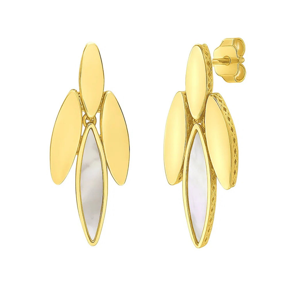 14k yellow gold modern dangle earrings featuring lustrous pearls for an elegant touch.