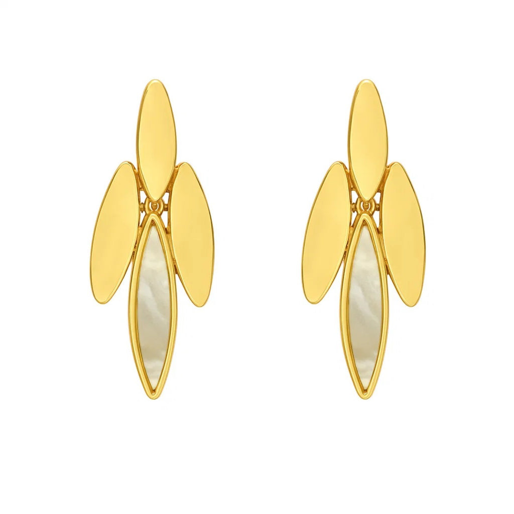 14k yellow gold modern dangle earrings featuring lustrous pearls for an elegant touch.