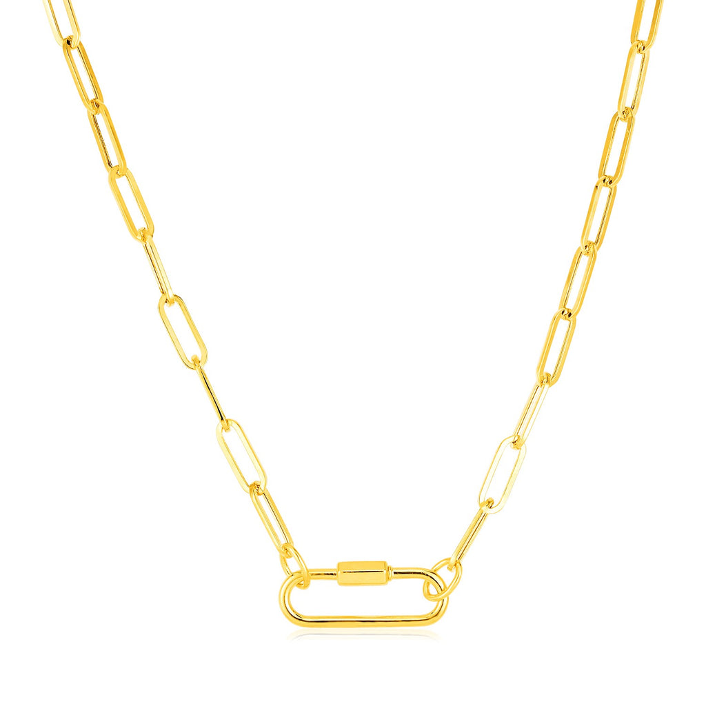 14k yellow gold paperclip chain necklace featuring a modern oval carabiner clasp for a chic, elegant look.