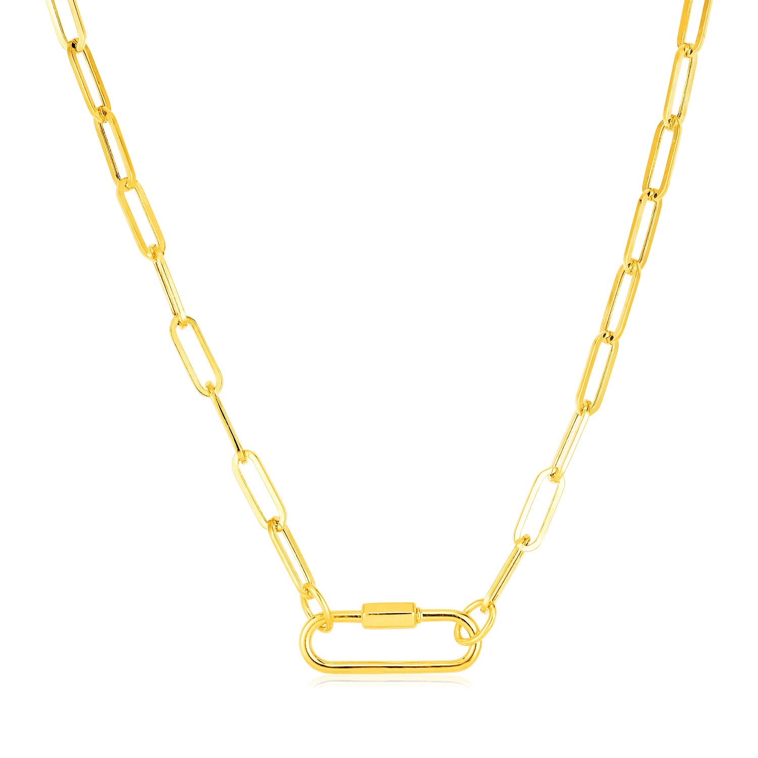 14k yellow gold paperclip chain necklace featuring a modern oval carabiner clasp for a chic, elegant look.
