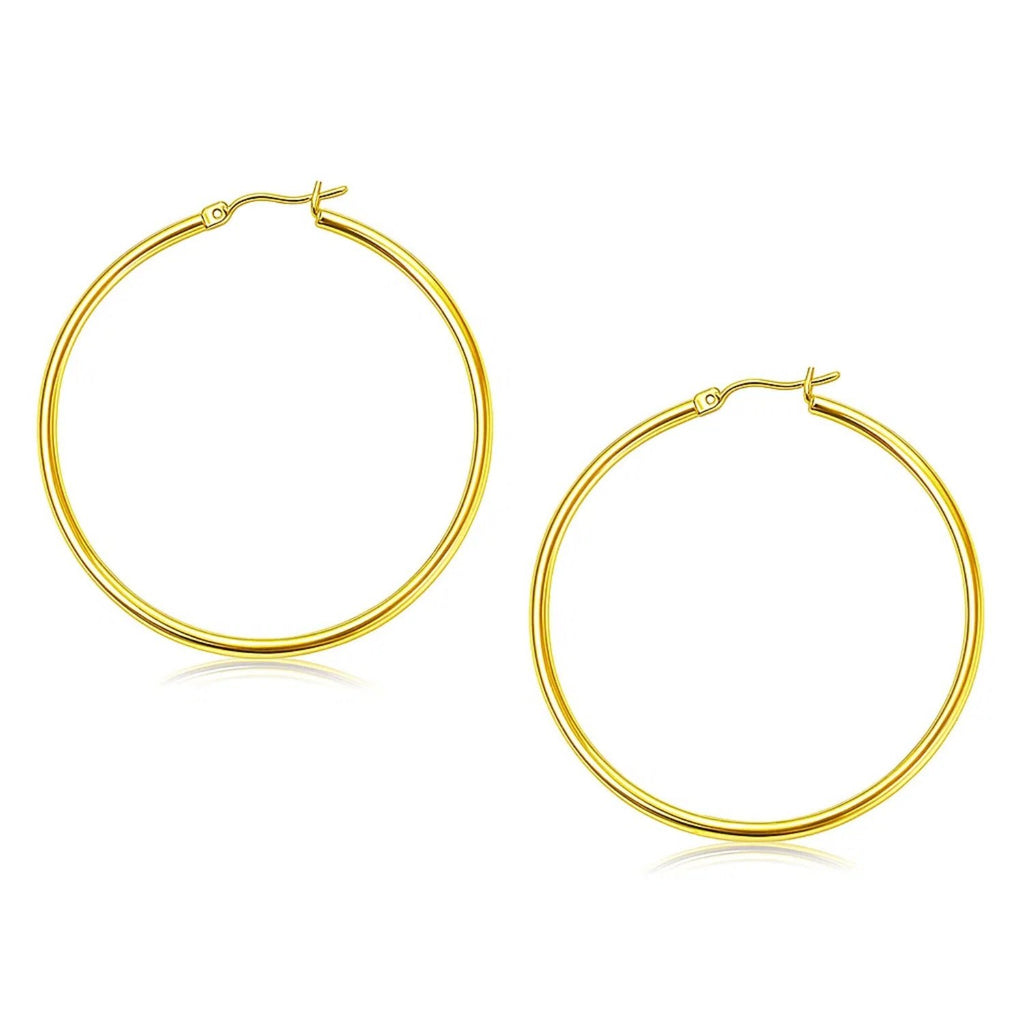 14k yellow gold polished hoop earrings, modern design, featuring a sleek stud closure, perfect for elegant occasions.