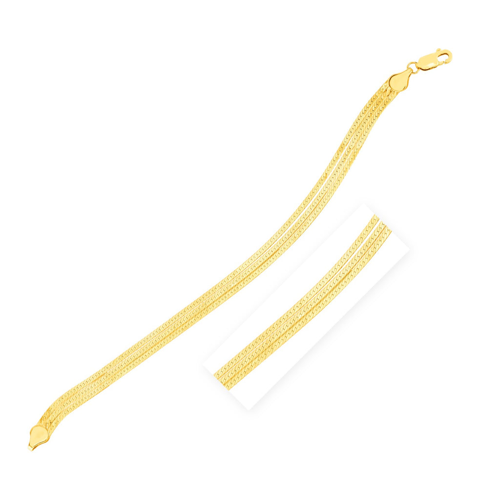 14k yellow gold three-strand herringbone chain bracelet, elegant design, 7 inches, perfect for luxury jewelry lovers.