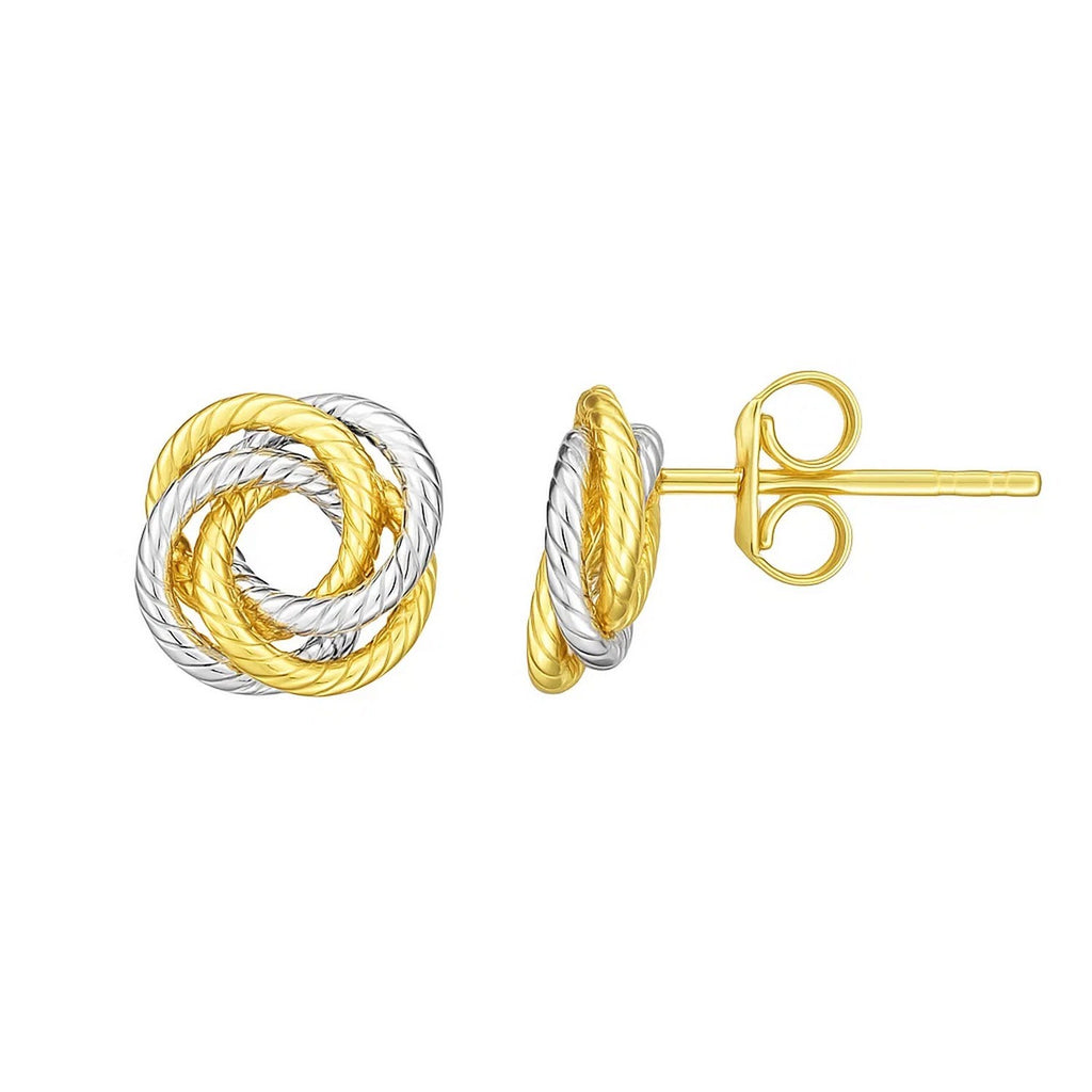 14k two-tone gold textured love knot earrings, elegantly designed for a luxurious touch in any jewelry collection.