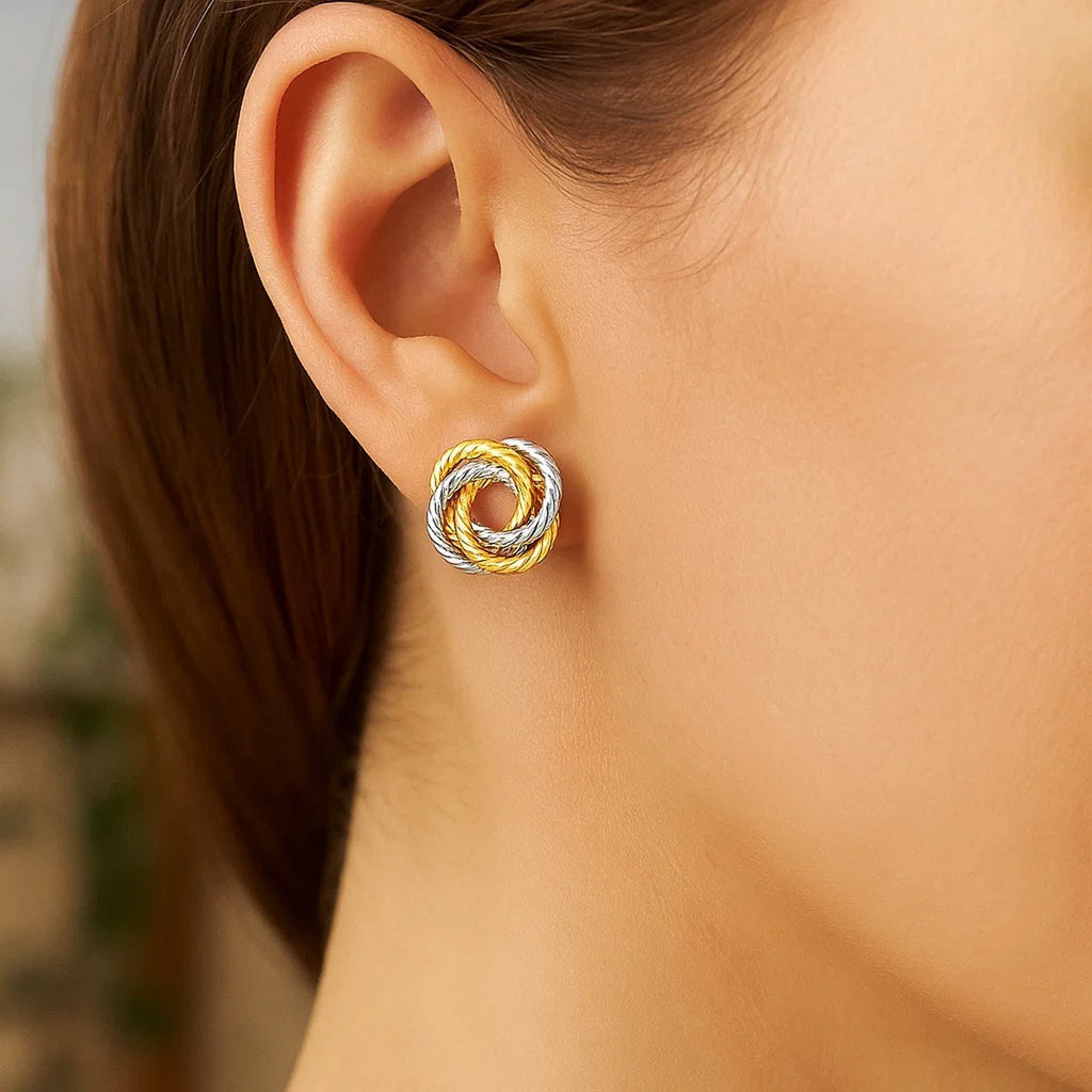 14k two-tone gold textured love knot earrings, elegantly designed for a luxurious touch in any jewelry collection.