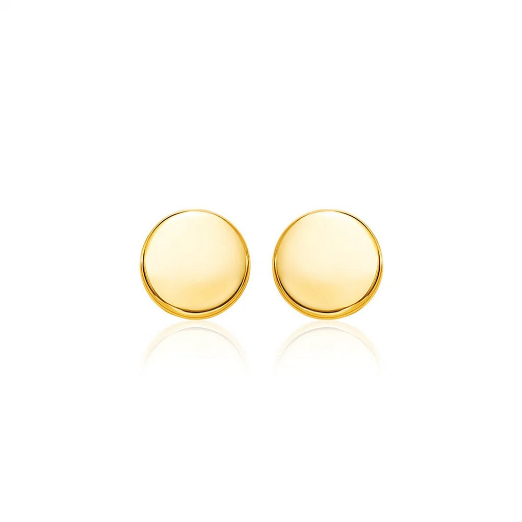 14k yellow gold polished round post earrings with a sleek modern design, perfect for elegant everyday wear.