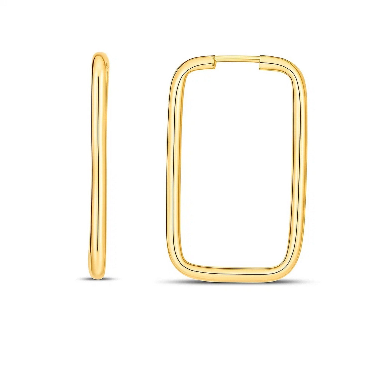14k yellow gold modern endless rectangle hoop earrings with a sleek, polished finish for a luxurious touch.