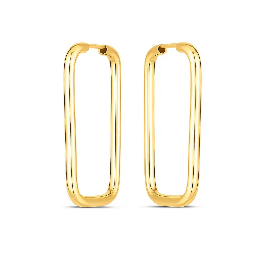 14k yellow gold modern endless rectangle hoop earrings showcasing a sleek, contemporary design for elegant sophistication.