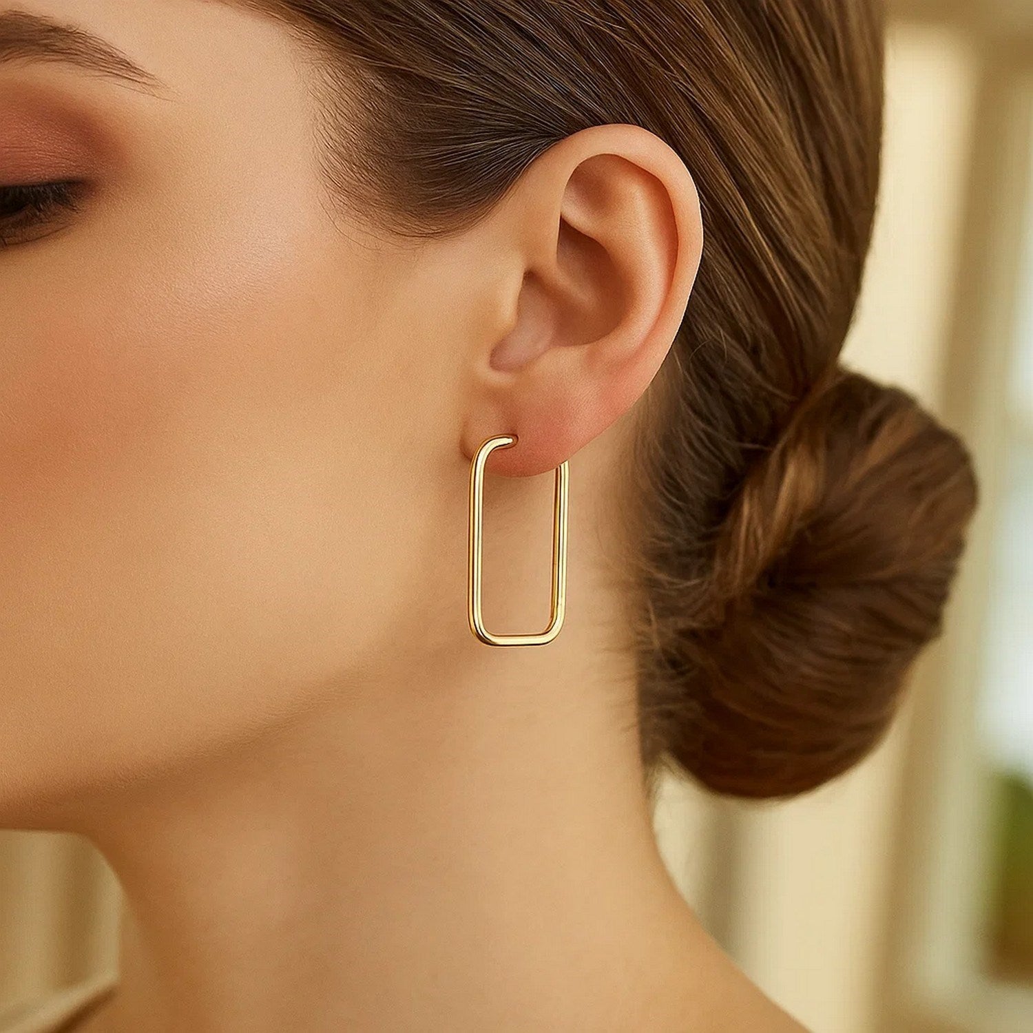 14k yellow gold modern endless rectangle hoop earrings showcasing a sleek and elegant design for sophisticated style.