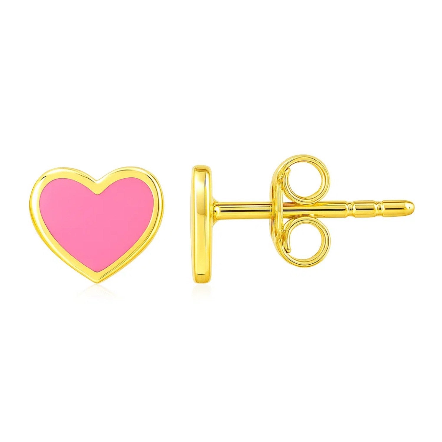 14k yellow gold stud earrings featuring modern pink enamel heart design for a chic, luxurious touch.