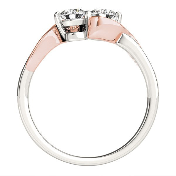 14k white and rose gold curved band ring featuring two exquisite round diamonds, elegantly designed for luxury.